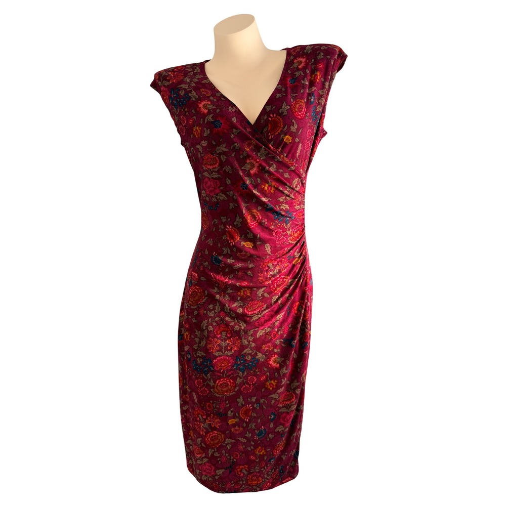 Lauren Ralph Lauren Burgundy Floral Ruched Faux Wrap Sheath Midi Dress Womens M